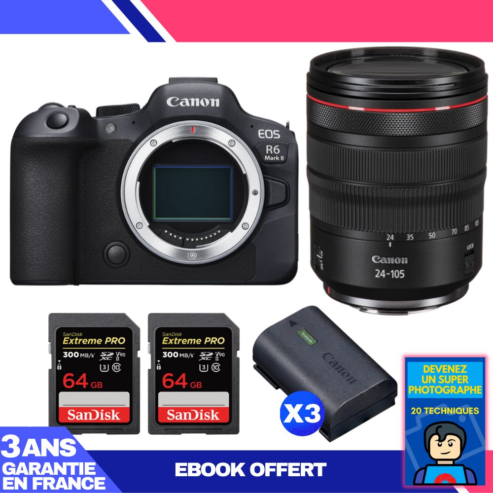 Canon EOS R6 Mark II + RF 24-105mm f/4 L IS USM Lens + 2x 64GB SanDisk Extreme PRO UHS-II SDXC Cards + 3x Canon LP-E6NH Batteries + 'Become a Super Photographer' Ebook