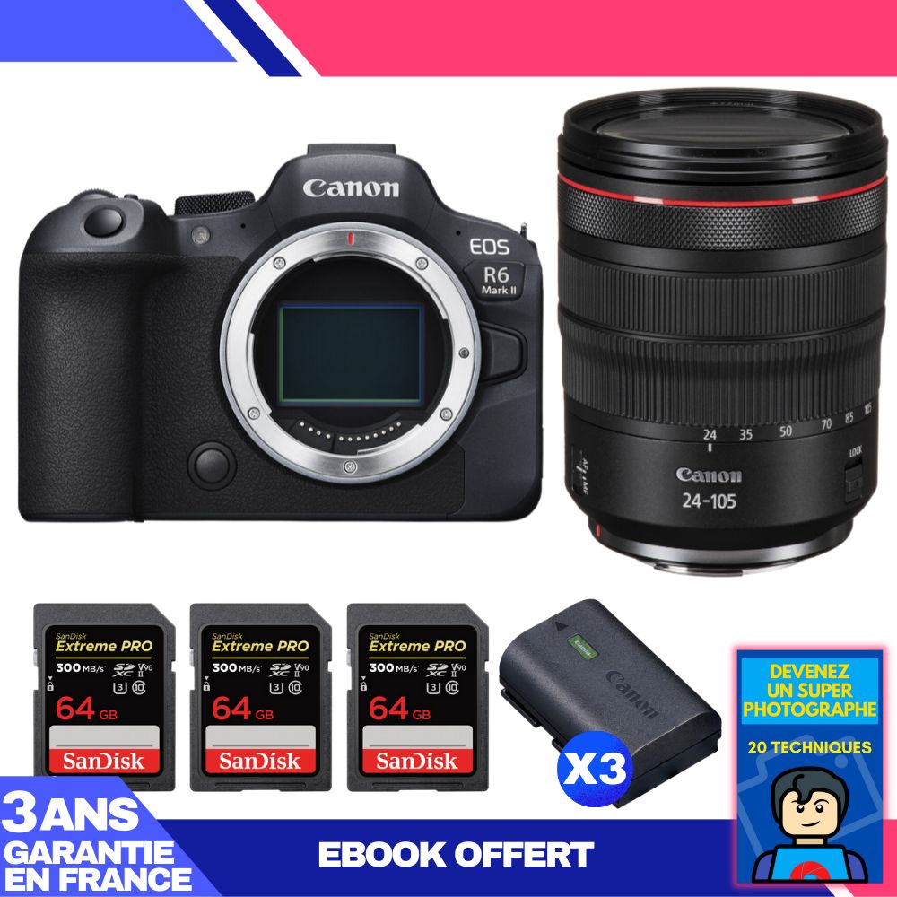 Canon EOS R6 Mark II + RF 24-105mm f/4 L IS USM + 3 SanDisk 64GB Extreme PRO UHS-II SDXC 300MB/s + 3 Canon LP-E6NH + Ebook 'Devenez Un Super Photographe'