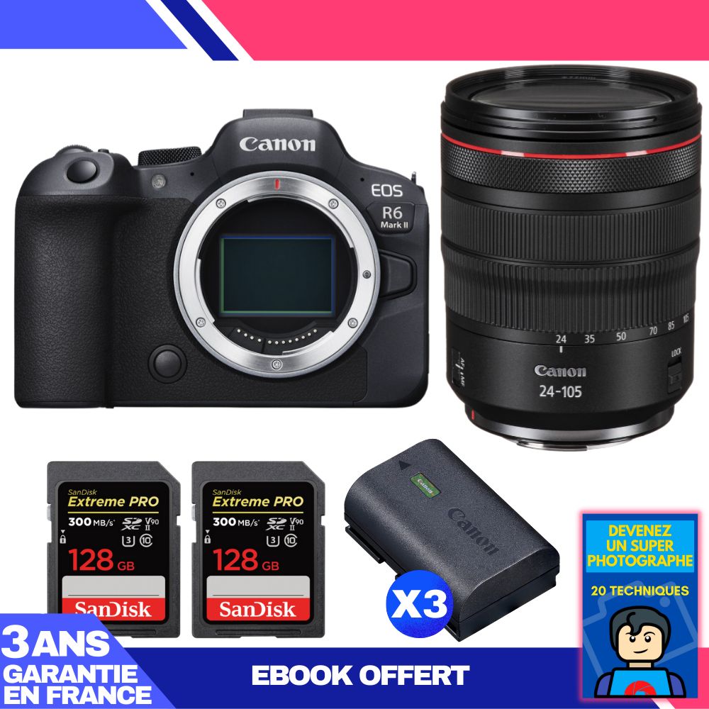 Canon EOS R6 Mark II + RF 24-105mm f/4 L IS USM + 2 SanDisk 128GB Extreme PRO UHS-II SDXC 300MB/s + 3 Canon LP-E6NH