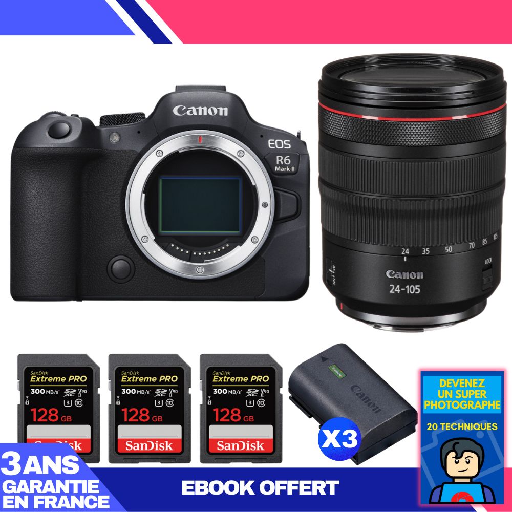 Canon EOS R6 Mark II Camera Kit with RF 24-105mm f/4 L IS USM Lens + 3 SanDisk 128GB Extreme PRO SD Cards + 3 Canon LP-E6NH Batteries + 'Become a Super Photographer' Ebook