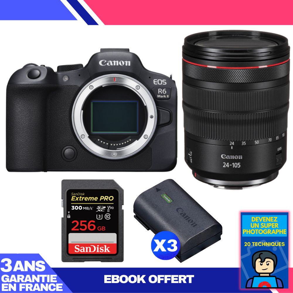 Canon EOS R6 Mark II + RF 24-105mm f/4 L IS USM Lens + 1 SanDisk 256GB Extreme PRO UHS-II SDXC Card + 3 Canon LP-E6NH Batteries + 'Become a Super Photographer' Ebook