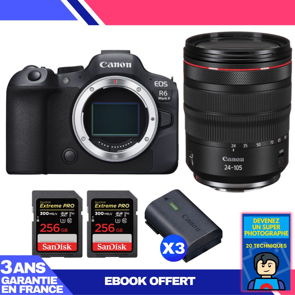 Canon EOS R6 Mark II + RF 24-105mm f/4 L IS USM Lens + 3x 256GB SanDisk Extreme PRO UHS-II SDXC Cards + 3 Canon LP-E6NH Batteries + 'Become a Super Photographer' Ebook