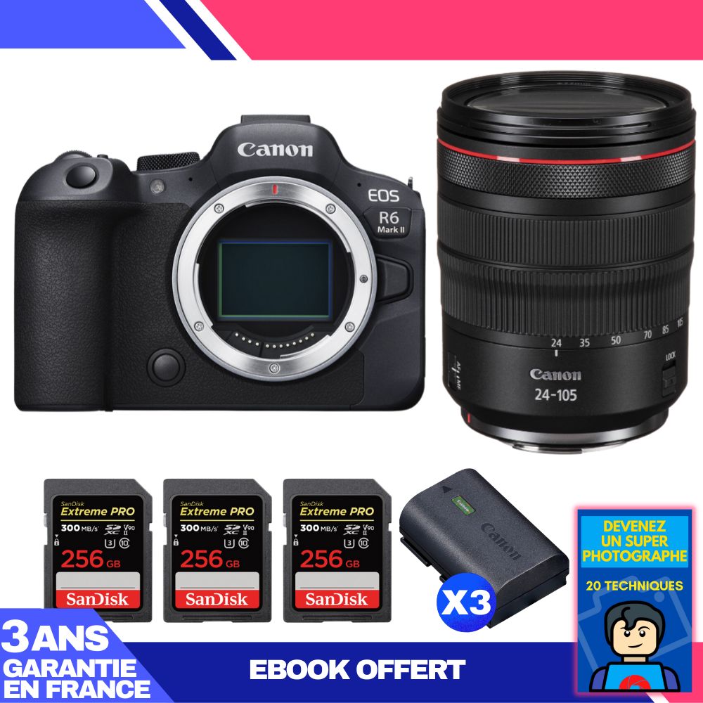 Canon EOS R6 Mark II + RF 24-105mm f/4 L IS USM + 3x 256GB SanDisk Extreme PRO UHS-II SDXC + 3x Canon LP-E6NH