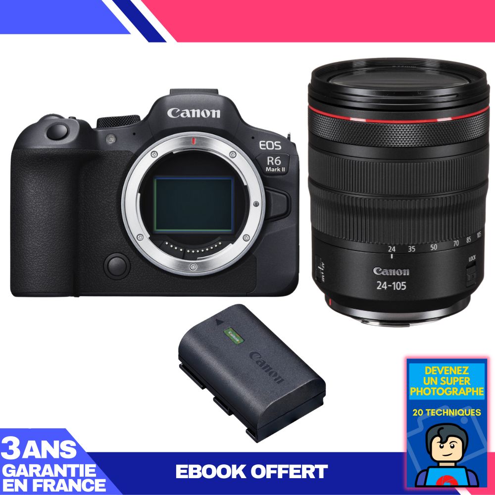 Canon EOS R6 Mark II + objectif RF 24-105mm f/4 L IS USM + batterie LP-E6NH + livre électronique 'Devenez un super photographe'