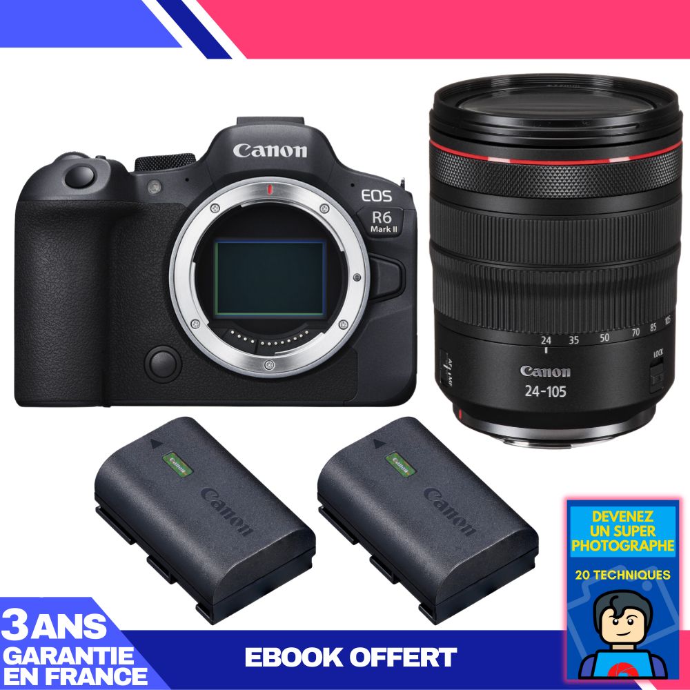 Canon EOS R6 Mark II + Objectif RF 24-105mm f/4 L IS USM + 2 Batteries LP-E6NH + Guide 'Devenez un Photographe Suprême'