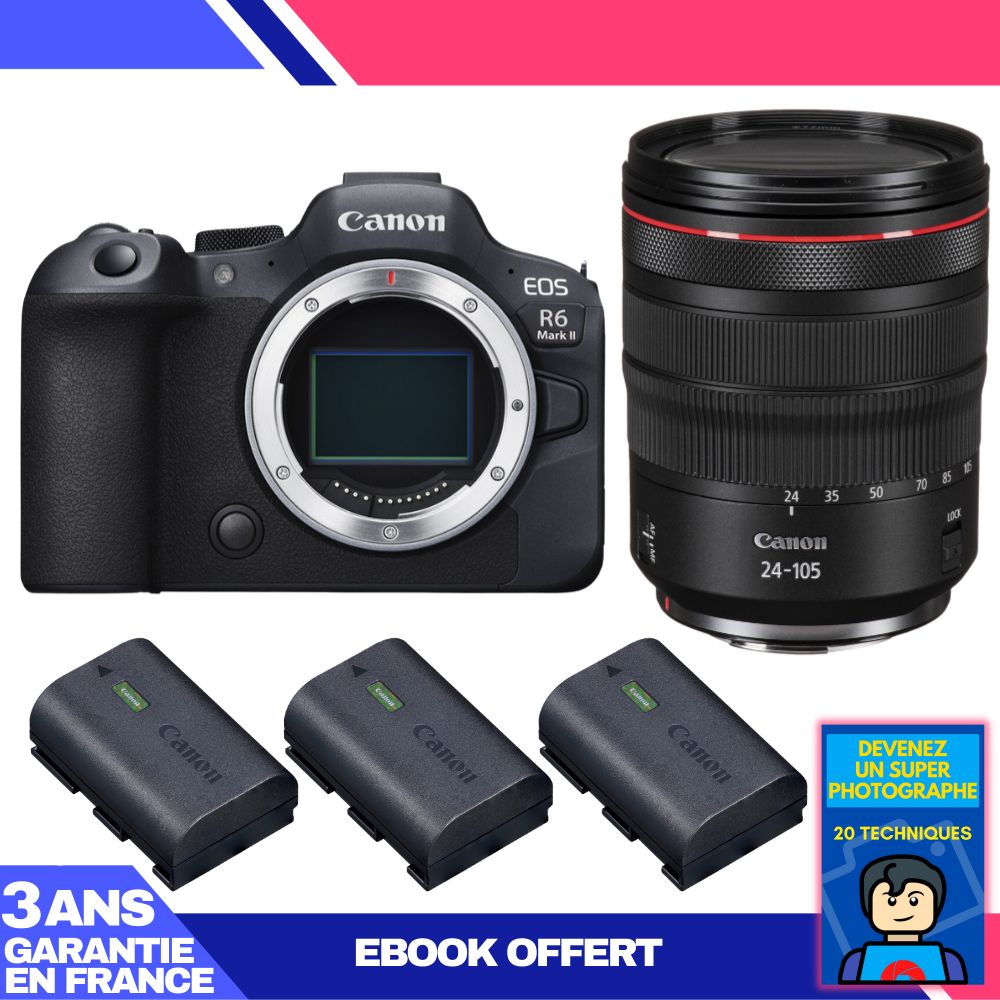 Kit Canon EOS R6 Mark II avec objectif RF 24-105 mm f/4 L IS USM + 3 batteries LP-E6NH + ebook 'Devenez un super photographe'