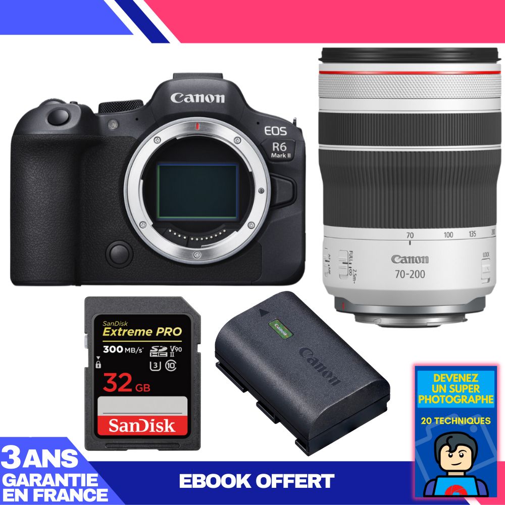Canon EOS R6 Mark II + RF 70-200mm f/4 L IS USM + 1 SanDisk 32GB Extreme PRO UHS-II SDXC 300MB/s + 1 Canon LP-E6NH + Ebook 'Devenez Un Super Photographe