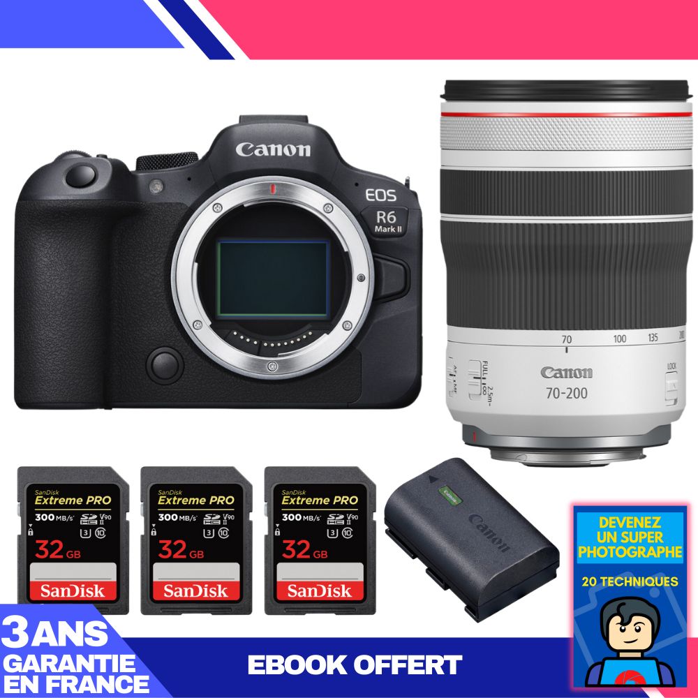 Canon EOS R6 Mark II + RF 70-200mm f/4 L IS USM Lens + 3x 32GB SanDisk Extreme PRO UHS-II SDXC Memory Cards + Canon LP-E6NH Battery + 'Become a Super Photographer' Ebook