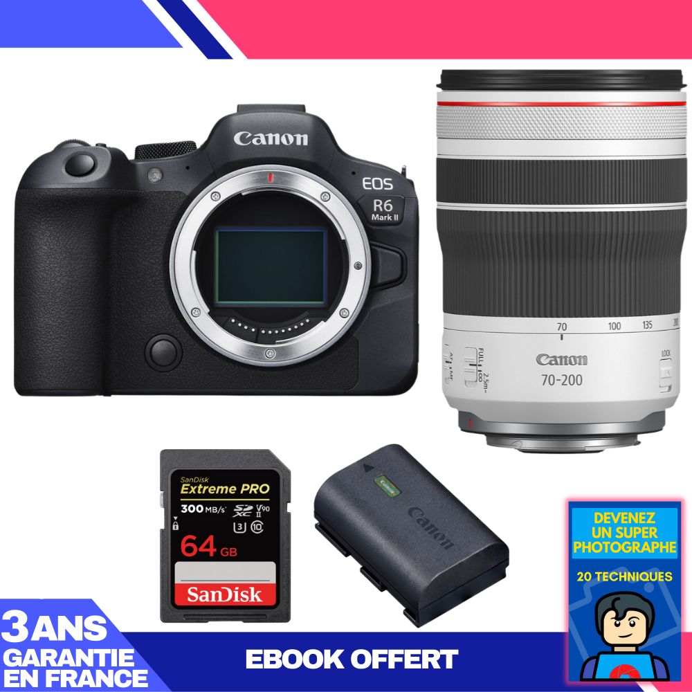 Canon EOS R6 Mark II + RF 70-200mm f/4 L IS USM Lens + 2x 64GB SanDisk Extreme PRO UHS-II SDXC Cards + Canon LP-E6NH Battery + 'Become a Super Photographer' Ebook