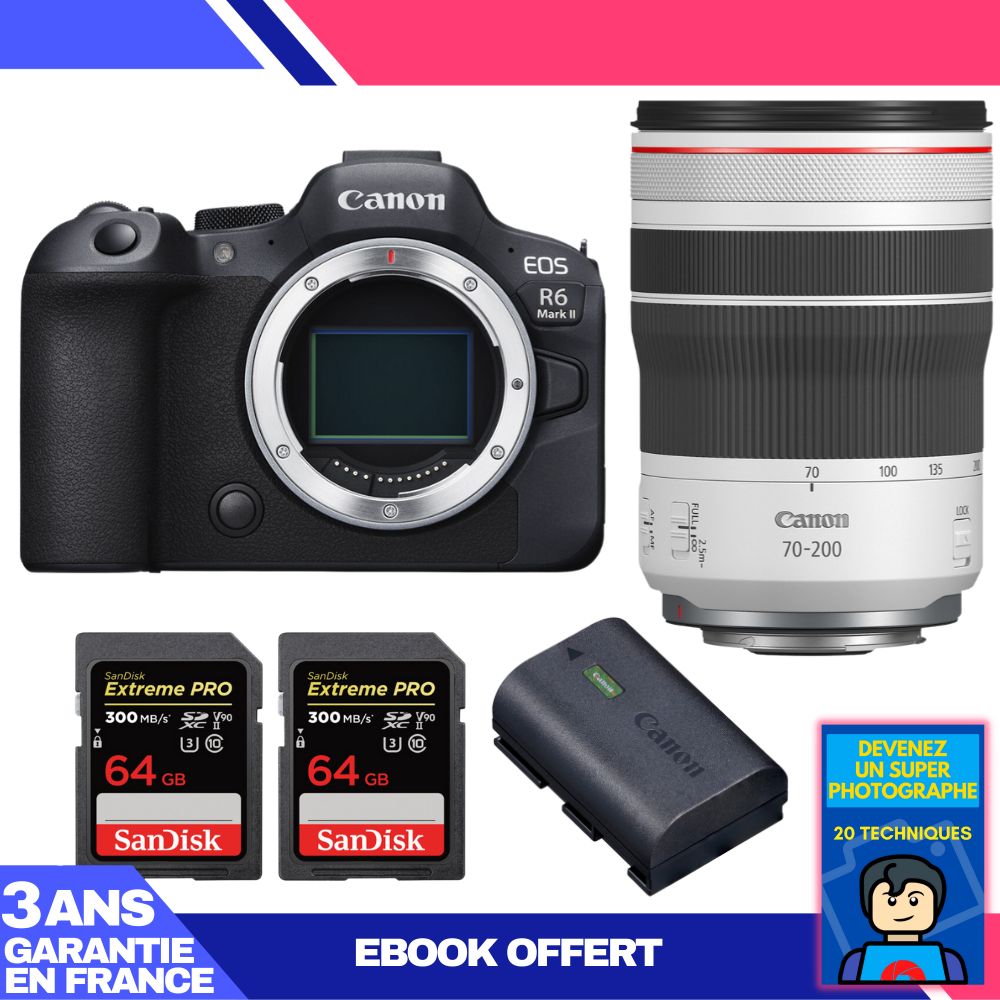 Canon EOS R6 Mark II + RF 70-200mm f/4 L IS USM Lens + 2 SanDisk 64GB Extreme PRO SD Cards + Canon LP-E6NH Battery + 'Become a Super Photographer' Ebook