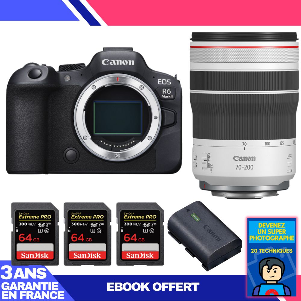Canon EOS R6 Mark II + RF 70-200mm f/4 L IS USM Lens + 3 SanDisk 64GB Extreme PRO UHS-II SDXC Cards + Canon LP-E6NH Battery + 'Become a Super Photographer' Ebook
