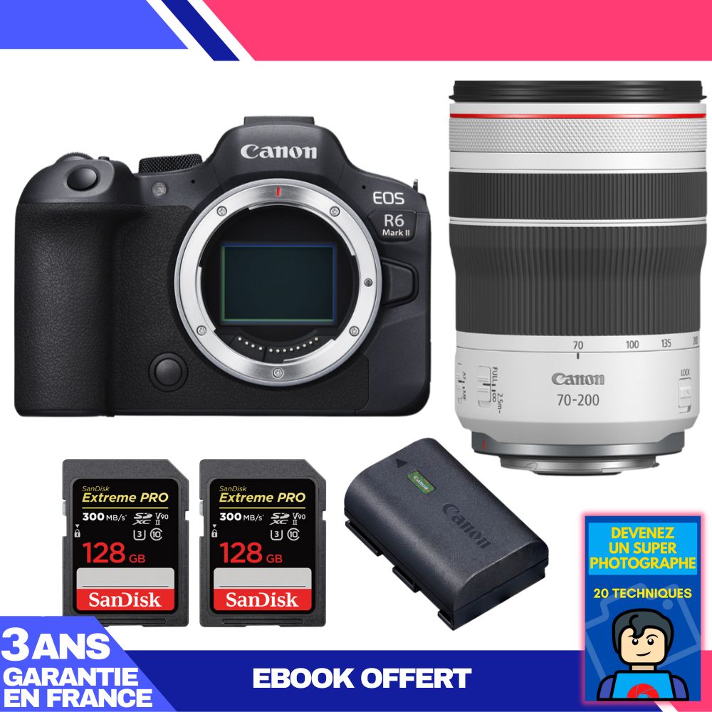 Canon EOS R6 Mark II Camera + RF 70-200mm f/4 L IS USM Lens + 2 SanDisk 128GB Extreme PRO SD Cards + Canon LP-E6NH Battery + 'Become a Super Photographer Ebook