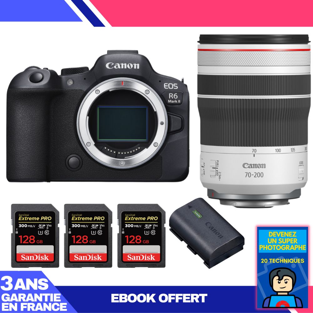 Canon EOS R6 Mark II + RF 70-200mm f/4 L IS USM Lens + 3 SanDisk 128GB Extreme PRO SD Cards + Canon LP-E6NH Battery + 'Become a Super Photographer' Ebook