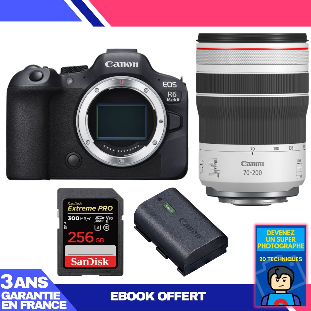 Canon EOS R6 Mark II + RF 70-200mm f/4 L IS USM Lens + 1 SanDisk 256GB Extreme PRO UHS-II SDXC Card + 1 Canon LP-E6NH Battery + 'Become a Super Photographer' Ebook