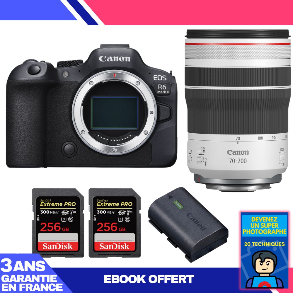 Canon EOS R6 Mark II Lens Kit with RF 70-200mm f/4 L IS USM and 2x 256GB SanDisk Extreme PRO SDXC Cards + Battery and Ebook