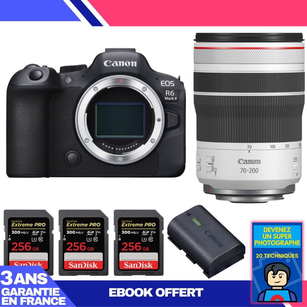 Canon EOS R6 Mark II + RF 70-200mm f/4 L IS USM Lens + 3 SanDisk 256GB Extreme PRO UHS-II SDXC Cards + Canon LP-E6NH Battery + 'Become a Super Photographer' Ebook