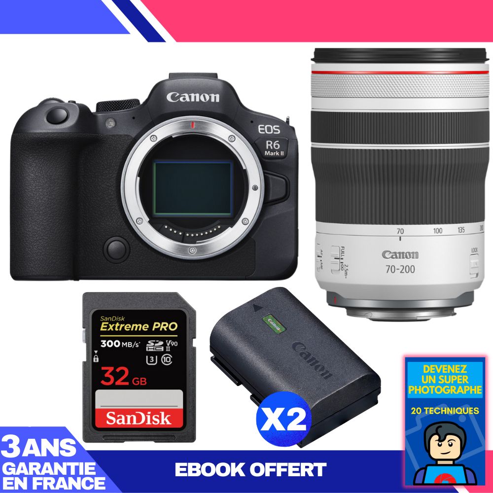Canon EOS R6 Mark II Camera Kit with RF 70-200mm f/4 L IS USM Lens + SanDisk 32GB Extreme PRO SD Card + 2 Canon LP-E6NH Batteries + Ebook