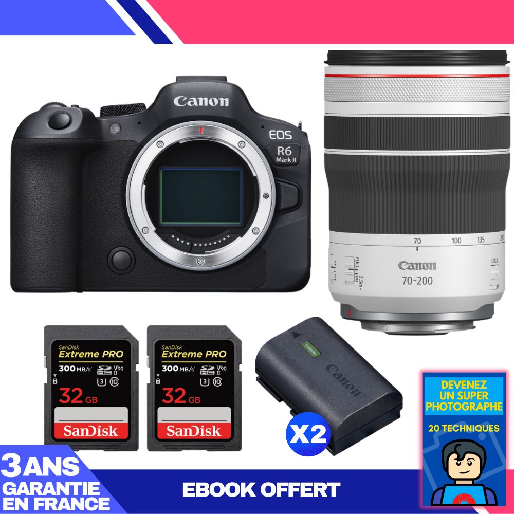 Canon EOS R6 Mark II Camera Kit with RF 70-200mm f/4 L IS USM Lens + 2x 32GB SanDisk Extreme PRO UHS-II SDXC Cards + 2x Canon LP-E6NH Batteries + Ebook: Become a Super Photographer