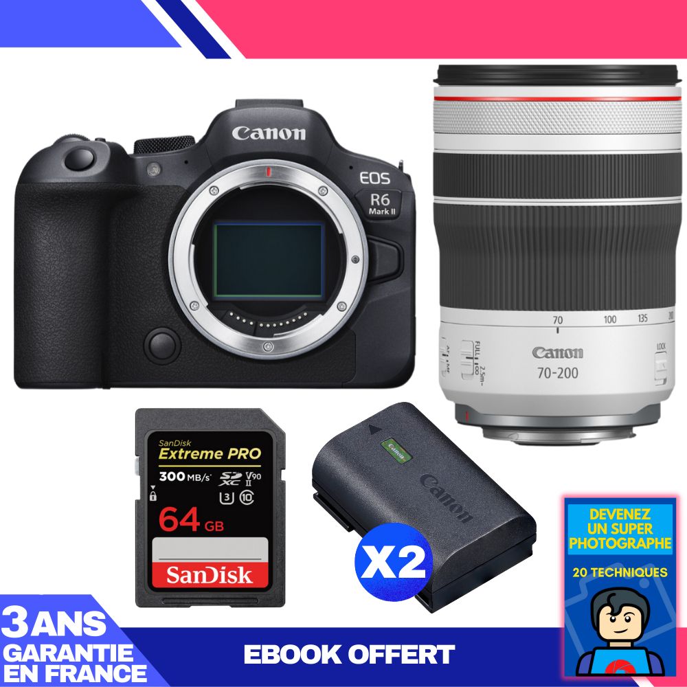 Canon EOS R6 Mark II + RF 70-200mm f/4 L IS USM + 1 SanDisk 64GB Extreme PRO UHS-II SDXC Card + 2 Canon LP-E6NH + Ebook 'Devenez Un Super Photographe