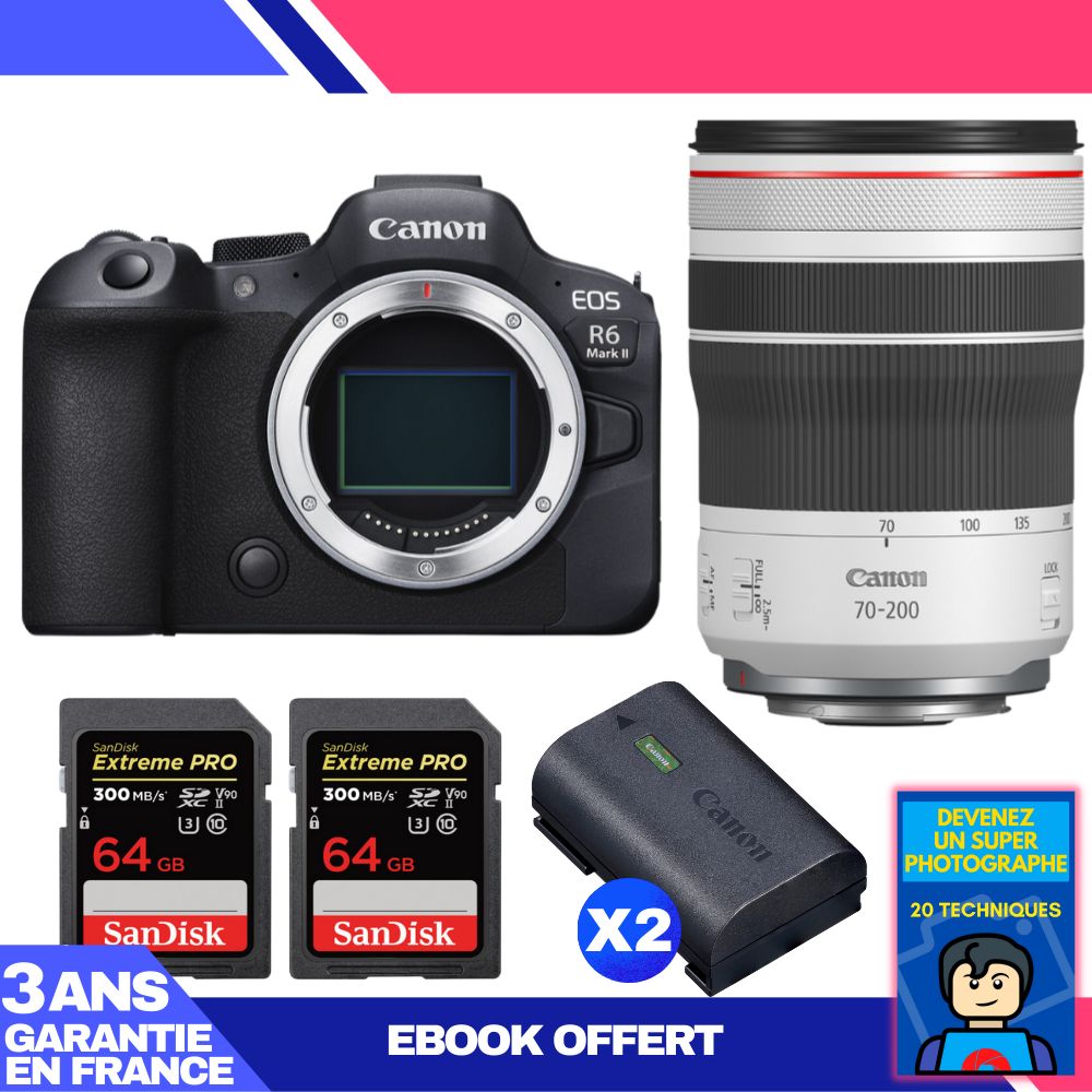 Canon EOS R6 Mark II + RF 70-200mm f/4 L IS USM Lens + 2 SanDisk 64GB Extreme PRO UHS-II SDXC Cards + 2 Canon LP-E6NH Batteries + Ebook