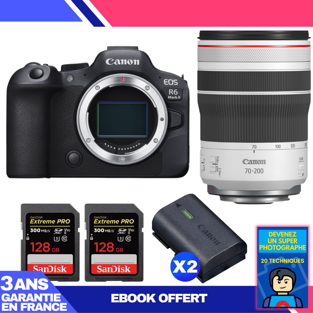 Canon EOS R6 Mark II Kit with RF 70-200mm f/4 L IS USM and 2x SanDisk 128GB Extreme PRO UHS-II SDXC Cards