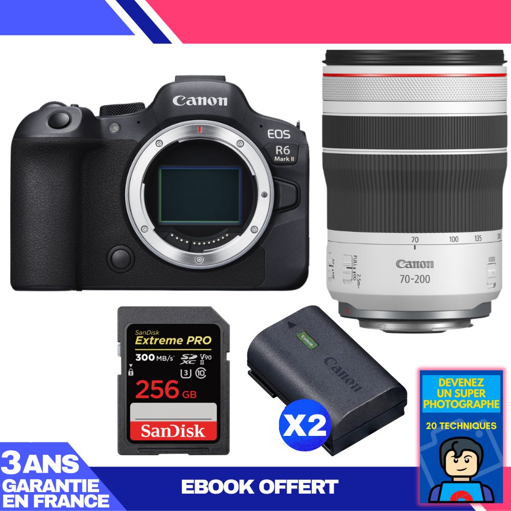 Canon EOS R6 Mark II + RF 70-200mm f/4 L IS USM + SanDisk 256GB Extreme PRO UHS-II SDXC Card + 2 Canon LP-E6NH