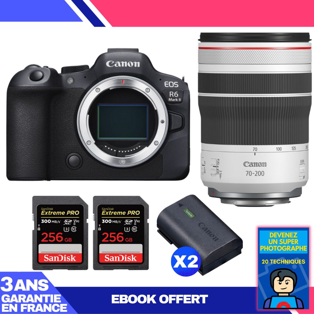 Canon EOS R6 Mark II Kit with RF 70-200mm f/4 L IS USM and 2x 256GB SanDisk Extreme PRO UHS-II SDXC Cards