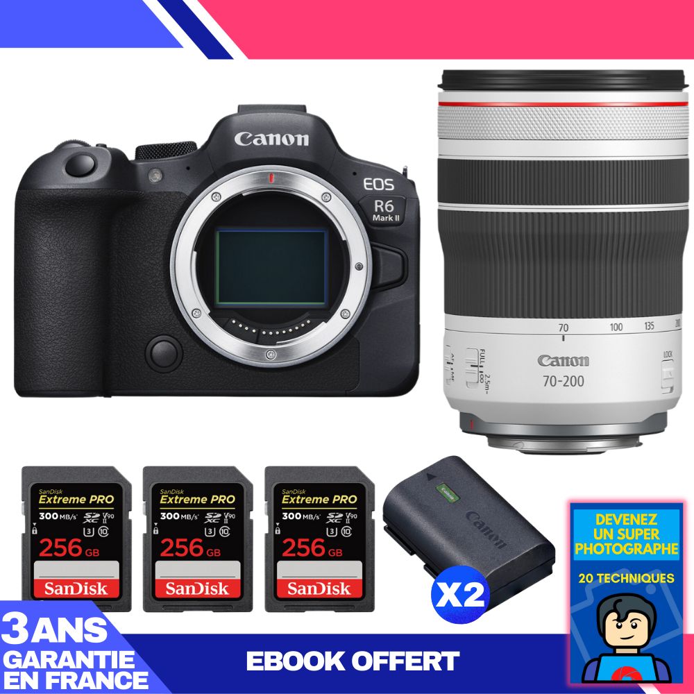Canon EOS R6 Mark II Camera Kit with RF 70-200mm f/4 L IS USM Lens + 3 SanDisk 256GB Extreme PRO SD Cards + 2 Canon LP-E6NH Batteries + 'Become a Super Photographer' Ebook