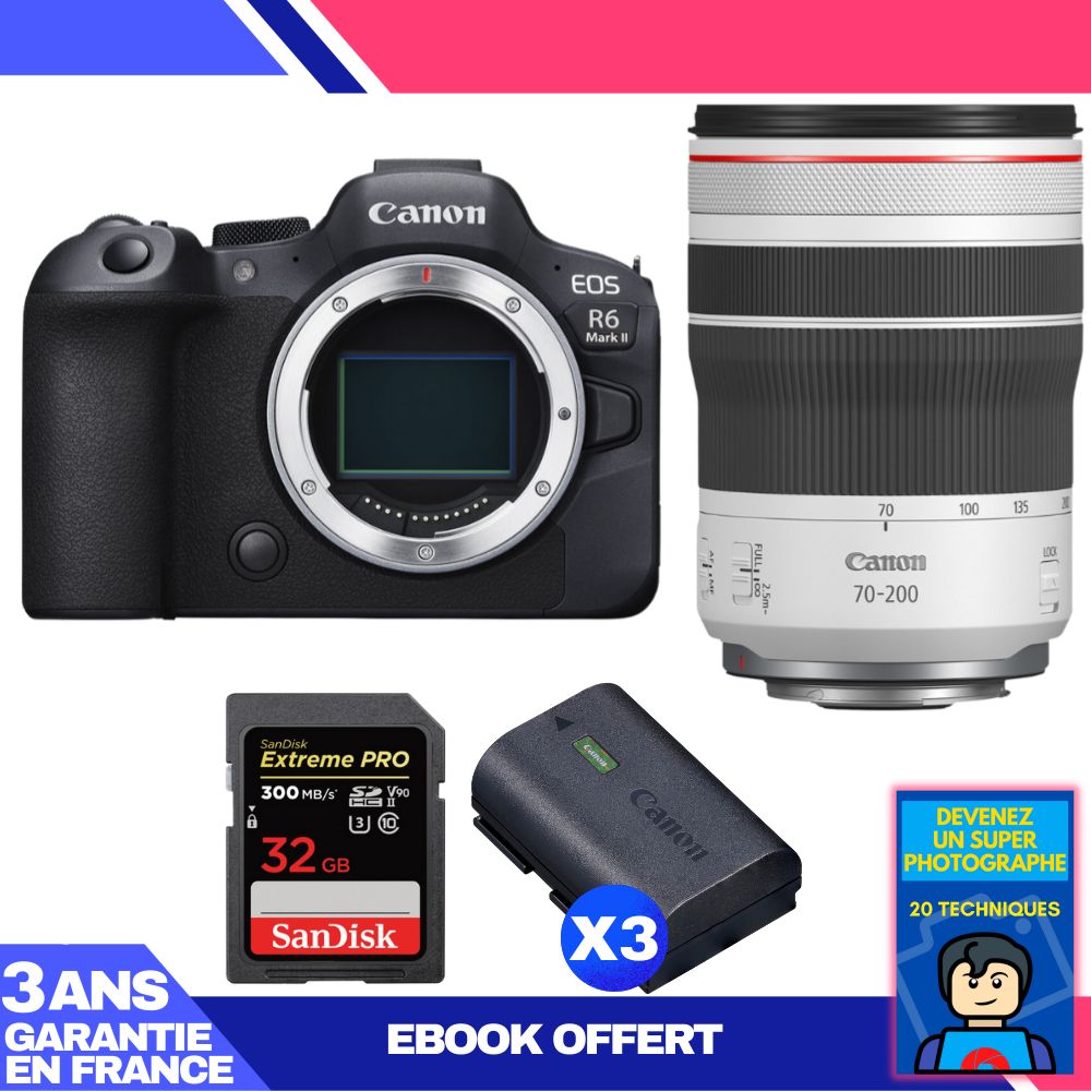 Canon EOS R6 Mark II + RF 70-200mm f/4 L IS USM + 1 SanDisk 32GB Extreme PRO UHS-II SDXC + 3 Canon LP-E6NH