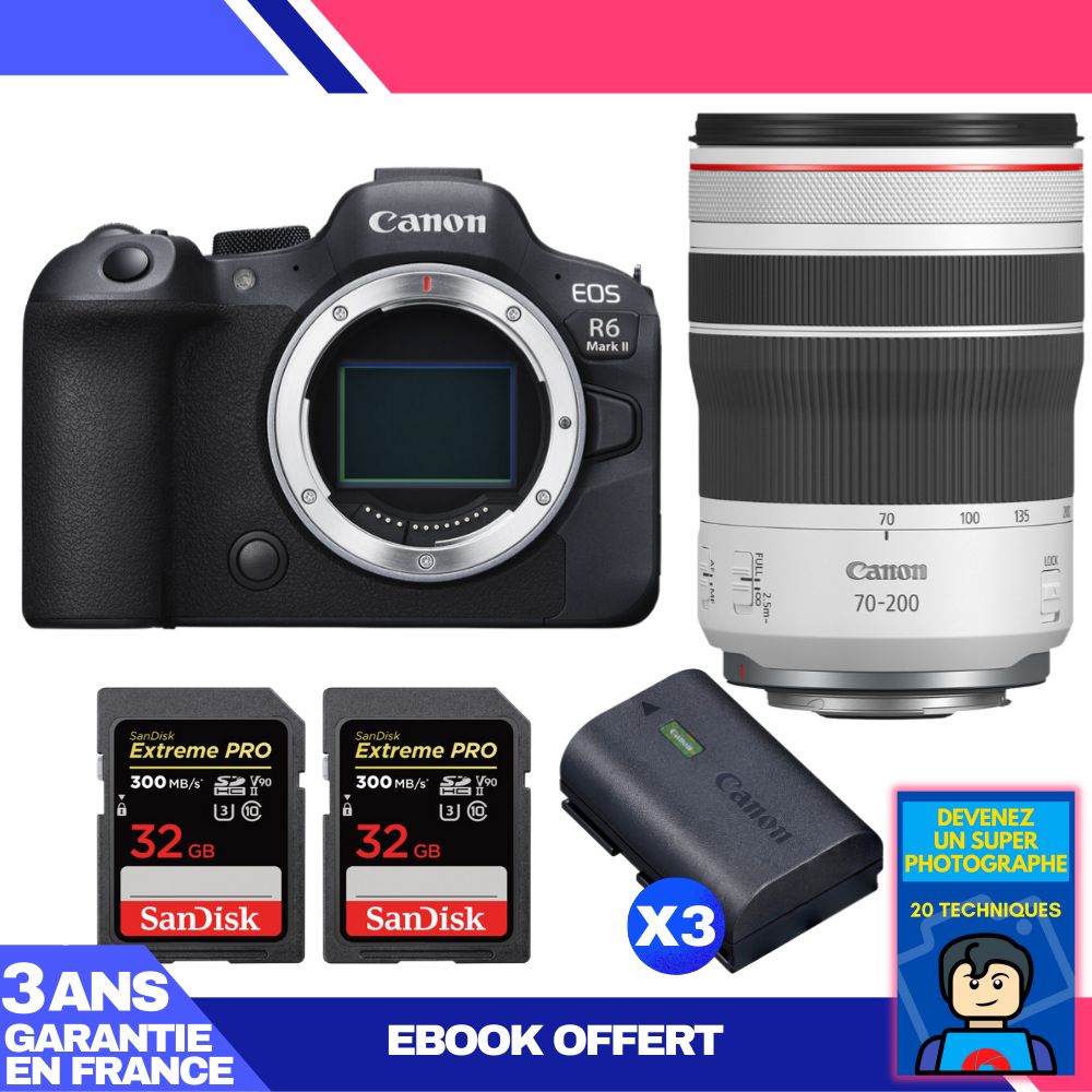 Canon EOS R6 Mark II + RF 70-200mm f/4 L IS USM Lens Kit with 3 Sandisk 32GB SD Cards and Accessories