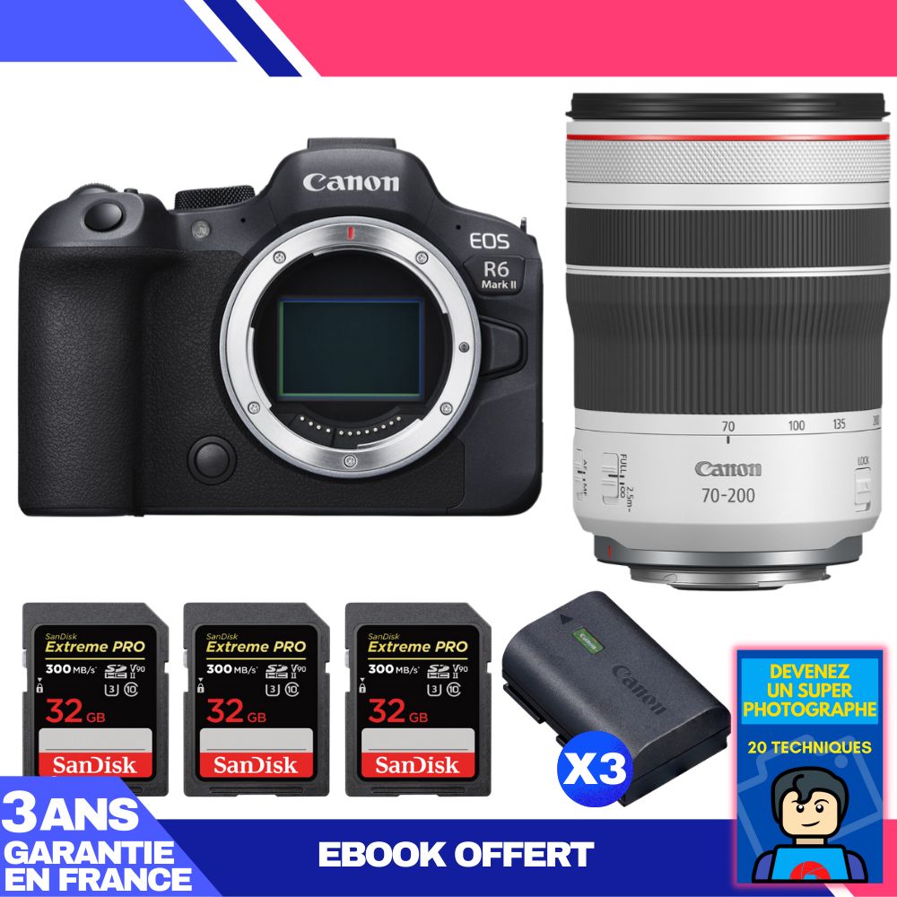 Canon EOS R6 Mark II + RF 70-200mm f/4 L IS USM Lens + 3 SanDisk 32GB Extreme PRO UHS-II SDXC Cards + 3 Canon LP-E6NH Batteries + Ebook 'Become a Super Photographer'