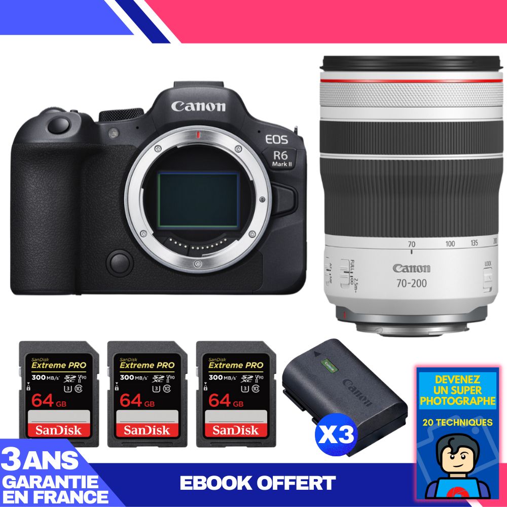 Canon EOS R6 Mark II + RF 70-200mm f/4 L IS USM Lens + 3 SanDisk 64GB Extreme PRO UHS-II SDXC Cards + 3 Canon LP-E6NH Batteries + Ebook 'Become a Super Photographer'