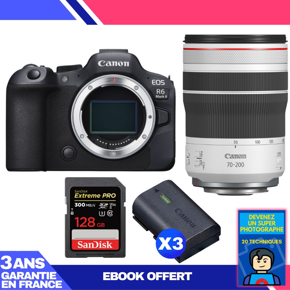 Canon EOS R6 Mark II + RF 70-200mm f/4 L IS USM Lens + 1 SanDisk 128GB Extreme PRO UHS-II SDXC Memory Card + 3 Canon LP-E6NH Batteries + 'Become a Super Photographer' Ebook