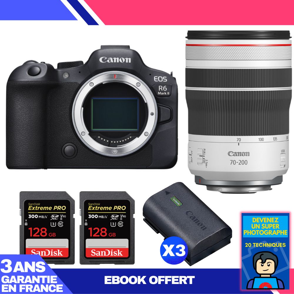 Canon EOS R6 Mark II Camera + RF 70-200mm f/4 L IS USM Lens + 3 SanDisk 128GB Extreme PRO UHS-II SDXC Cards + 3 Canon LP-E6NH Batteries + Ebook 'Become a Super Photographer'