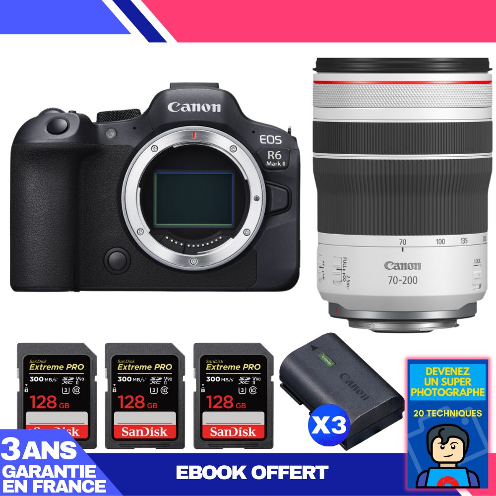 Canon EOS R6 Mark II Kit with RF 70-200mm f/4 L IS USM and 3 SanDisk 128GB Extreme PRO UHS-II SDXC Cards