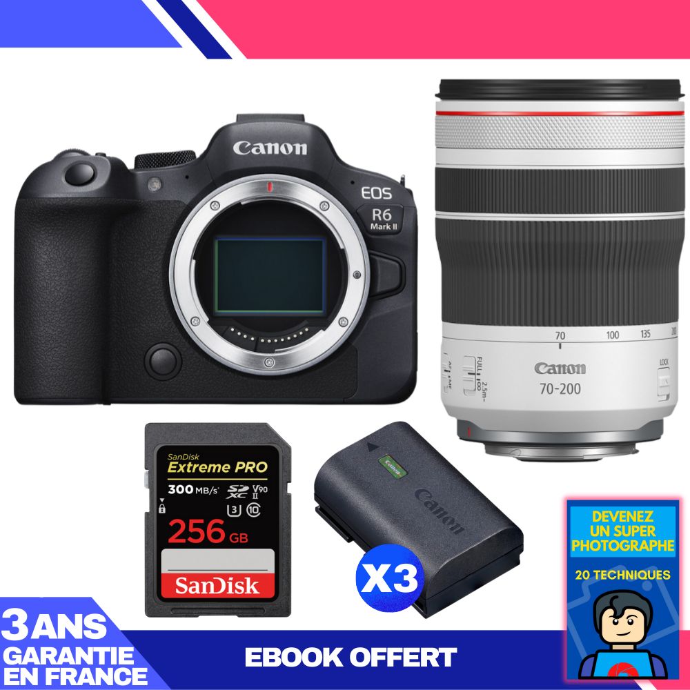 Canon EOS R6 Mark II + RF 70-200mm f/4 L IS USM + 1 SanDisk 256GB Extreme PRO UHS-II SDXC Card + 3 Canon LP-E6NH + Ebook 'Devenez Un Super Photographe'