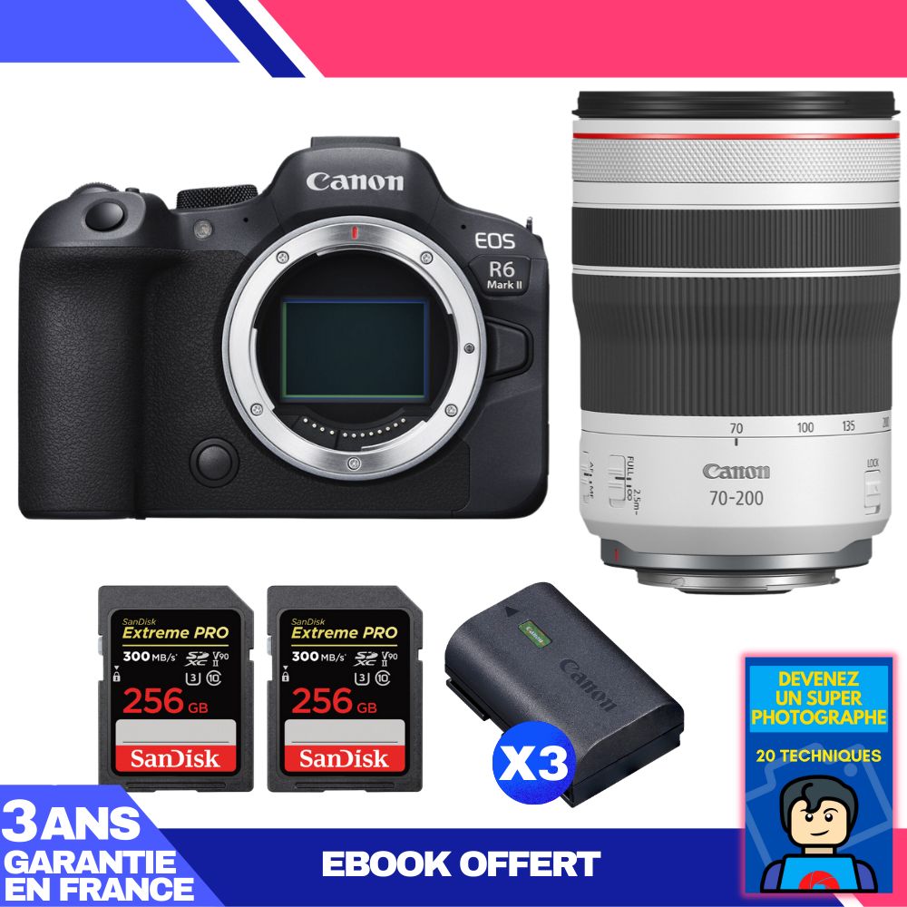 Canon EOS R6 Mark II + RF 70-200mm f/4 L IS USM Lens + 3x SanDisk 256GB Extreme PRO UHS-II SDXC Memory Cards + 3 Canon LP-E6NH Batteries + Ebook 'Become a Super Photographer'