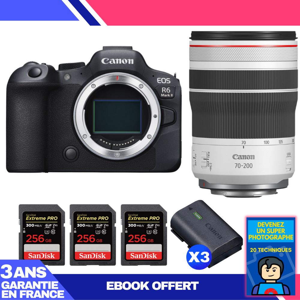 Canon EOS R6 Mark II Camera + RF 70-200mm f/4 L IS USM Lens + 3 SanDisk 256GB Extreme PRO SD Cards + 3 Canon LP-E6NH Batteries + Ebook 'Become a Super Photographer'