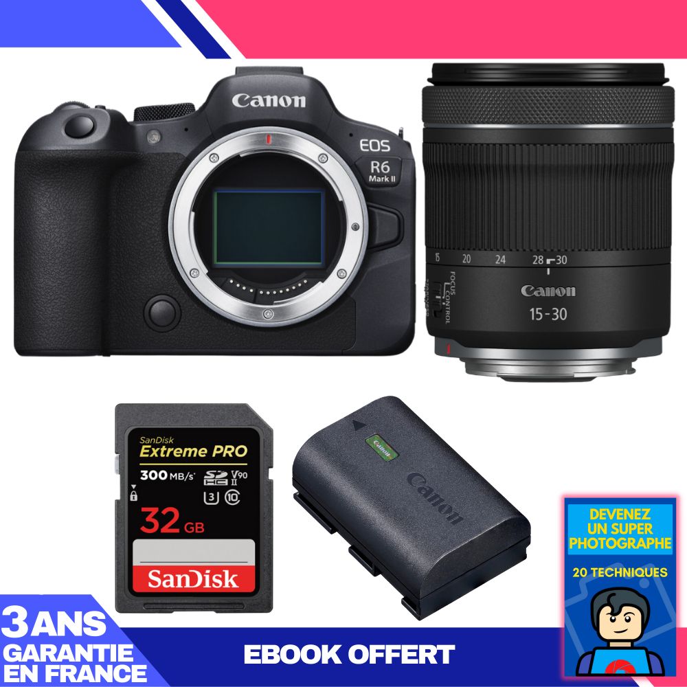 Canon EOS R6 Mark II Camera Kit with RF 15-30mm f/4.5-6.3 IS STM Lens + SanDisk 32GB Extreme PRO UHS-II SDXC Card + Canon LP-E6NH Battery + 'Become a Super Photographer' Ebook
