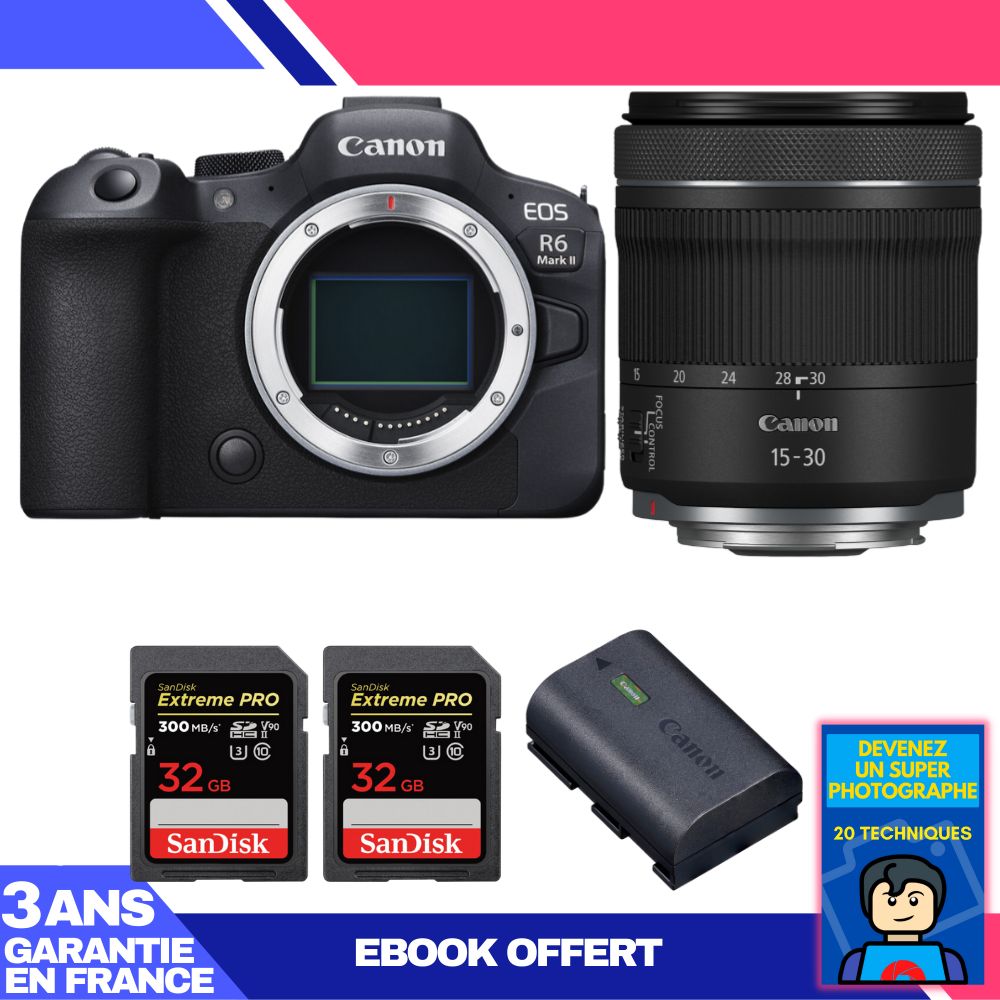 Canon EOS R6 Mark II Camera Kit with RF 15-30mm f/4.5-6.3 IS STM Lens + 2x 32GB SanDisk Extreme PRO UHS-II SDXC Cards + Canon LP-E6NH Battery + 'Become a Super Photographer' Ebook