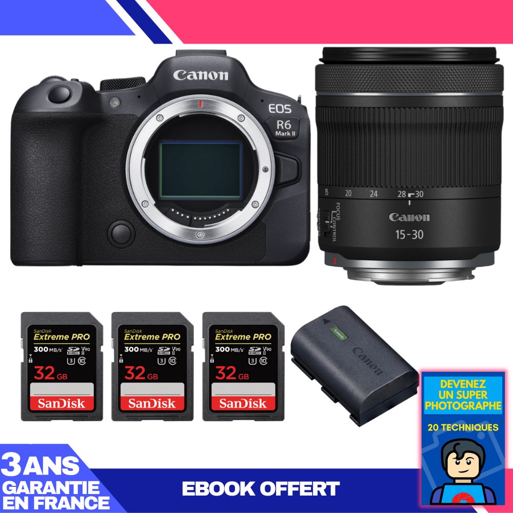 Canon EOS R6 Mark II Camera Kit with RF 15-30mm f/4.5-6.3 IS STM Lens + 3 SanDisk 32GB Extreme PRO UHS-II SDXC Cards + Canon LP-E6NH Battery + 'Become a Super Photographer' Ebook