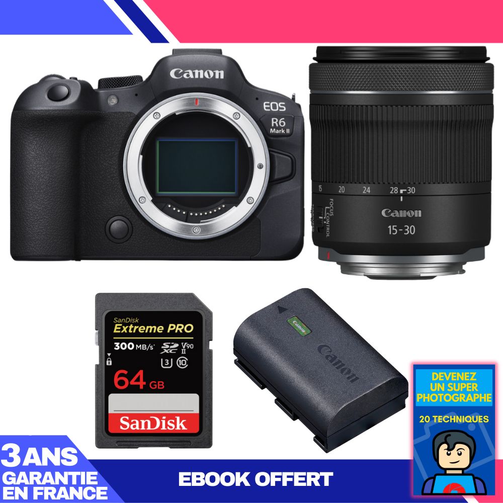 Canon EOS R6 Mark II Camera Kit with RF 15-30mm f/4.5-6.3 IS STM Lens + 2x 64GB SanDisk Extreme PRO UHS-II SDXC Memory Cards + Canon LP-E6NH Battery + Ebook: Become a Super Photographer