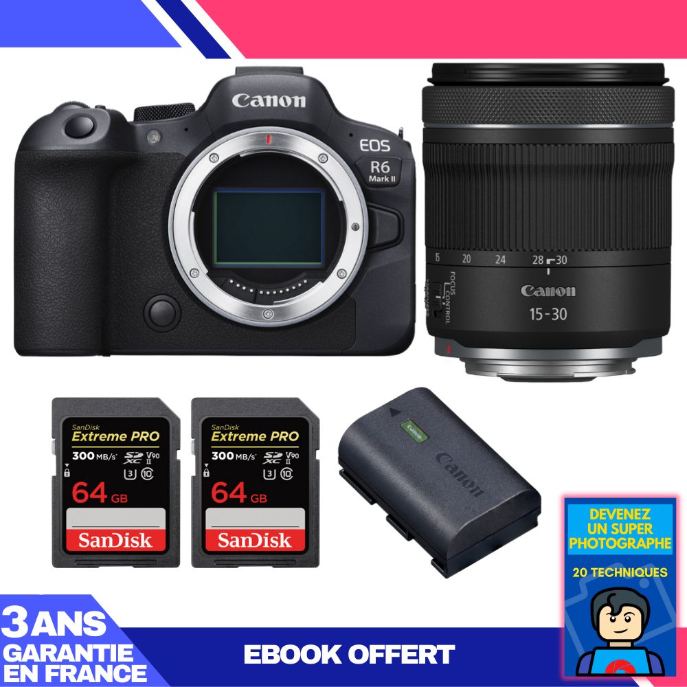 Canon EOS R6 Mark II Camera Kit with RF 15-30mm f/4.5-6.3 IS STM Lens + 2 SanDisk 64GB Extreme PRO UHS-II SDXC Cards + Canon LP-E6NH Battery + 'Become a Super Photographer' Ebook
