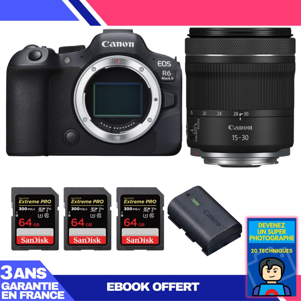 Canon EOS R6 Mark II Camera Kit with RF 15-30mm f/4.5-6.3 IS STM Lens + 3x 64GB SanDisk Extreme PRO UHS-II SDXC Cards + Canon LP-E6NH Battery + 'Become a Super Photographer' Ebook