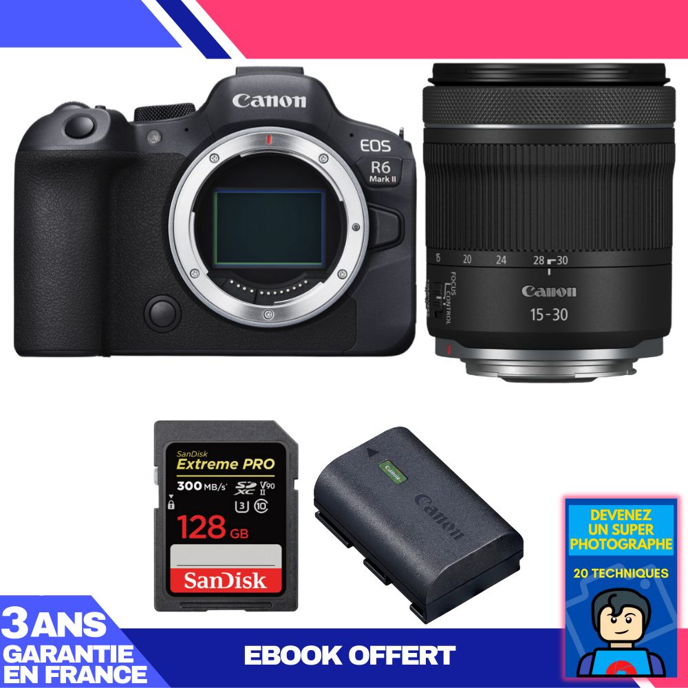 Canon EOS R6 Mark II Camera Kit with RF 15-30mm f/4.5-6.3 IS STM Lens + SanDisk 128GB Extreme PRO SD Card + Canon LP-E6NH Battery + 'Become a Master Photographer' Ebook