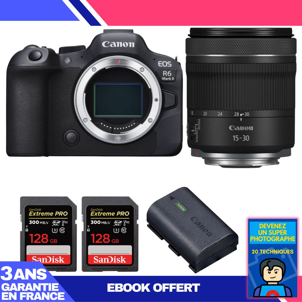 Canon EOS R6 Mark II Camera + RF 15-30mm f/4.5-6.3 IS STM Lens + 2 SanDisk 128GB Extreme PRO UHS-II SDXC Cards + Canon LP-E6NH Battery + Ebook