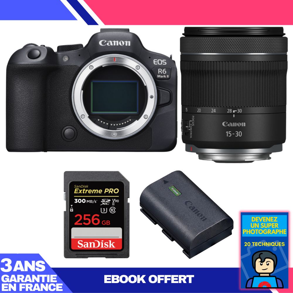 Canon EOS R6 Mark II Camera Kit with RF 15-30mm f/4.5-6.3 IS STM Lens + SanDisk 256GB Extreme PRO UHS-II SDXC Card + Canon LP-E6NH Battery