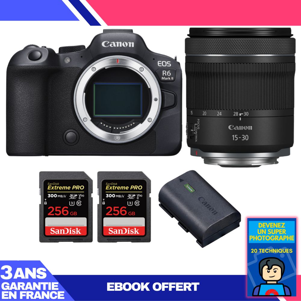 Canon EOS R6 Mark II Camera + RF 15-30mm f/4.5-6.3 IS STM Lens + 2x SanDisk 256GB Extreme PRO UHS-II SDXC Cards + Canon LP-E6NH Battery + 'Become a Super Photographer' Ebook