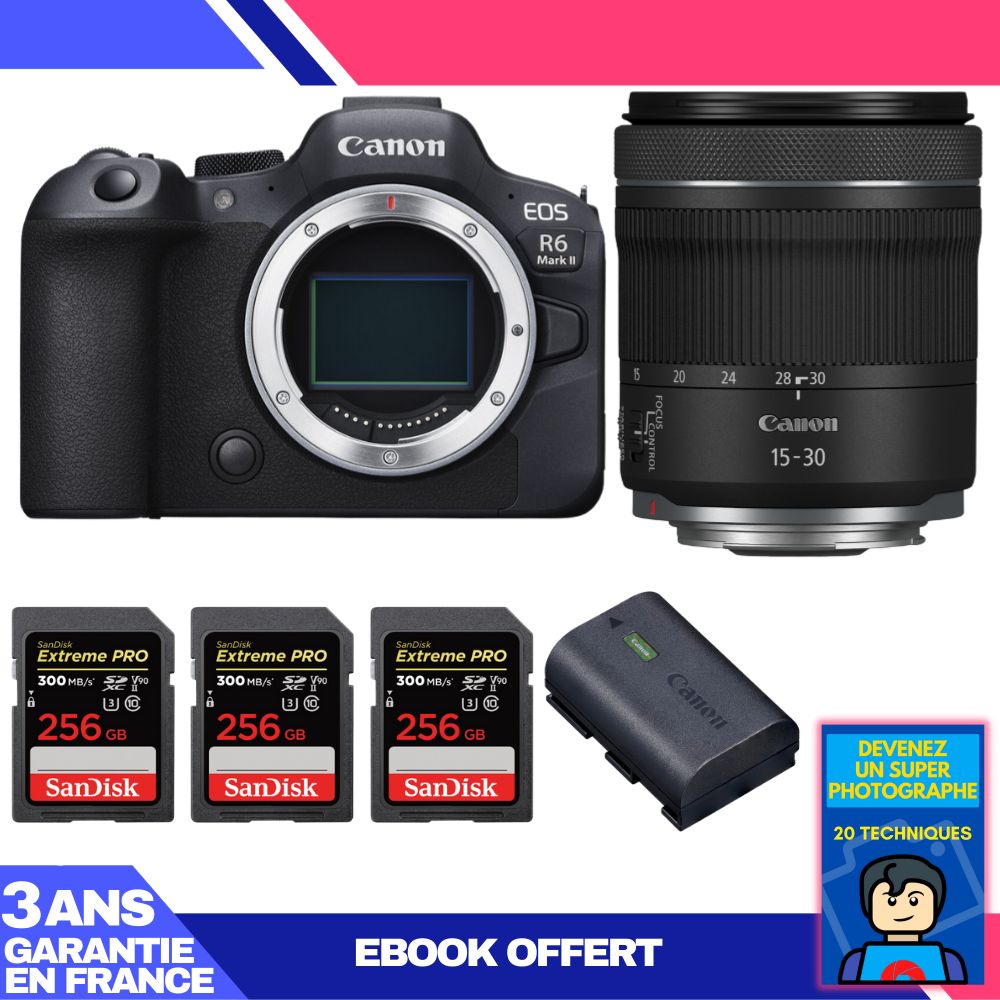 Canon EOS R6 Mark II + RF 15-30mm f/4.5-6.3 IS STM Lens + 3 SanDisk 256GB Extreme PRO UHS-II SDXC Cards + Canon LP-E6NH Battery + 'Become a Super Photographer' Ebook