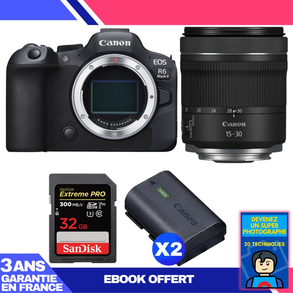 Canon EOS R6 Mark II Camera Kit with RF 15-30mm f/4.5-6.3 IS STM Lens + 1 SanDisk 32GB Extreme PRO UHS-II SDXC Card + 2 Canon LP-E6NH Batteries + 'Become a Super Photographer' Ebook